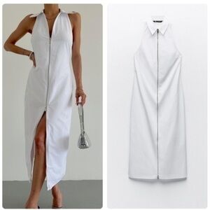 Zara NWT zipper front white‎ midi gabardine collared dress